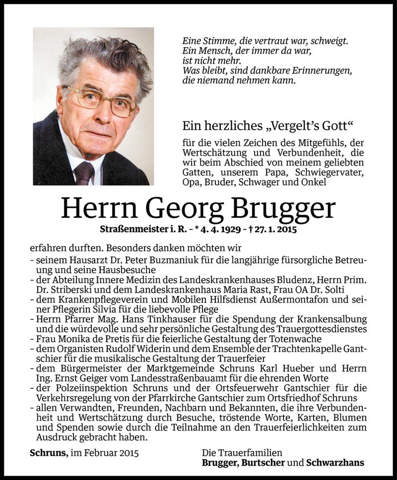  Todesanzeige für Georg Brugger vom 26.02.2015 aus Vorarlberger Nachrichten