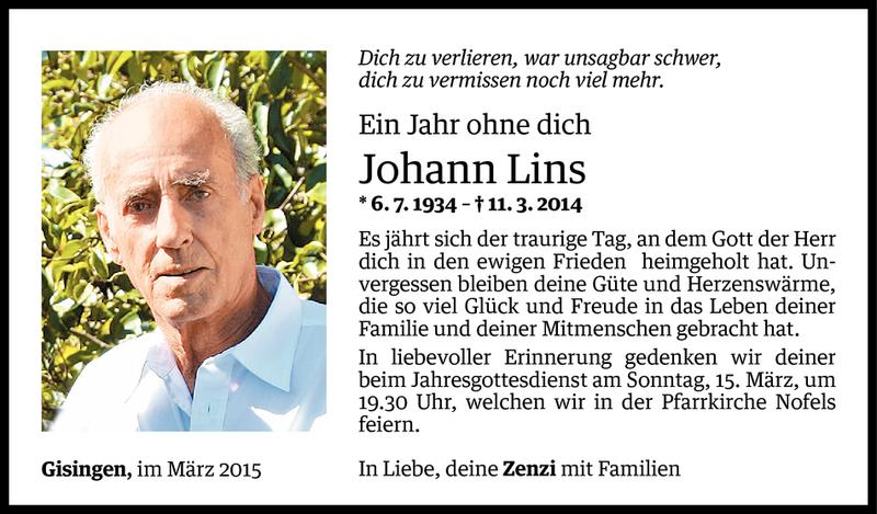  Todesanzeige für Johann Lins vom 10.03.2015 aus Vorarlberger Nachrichten