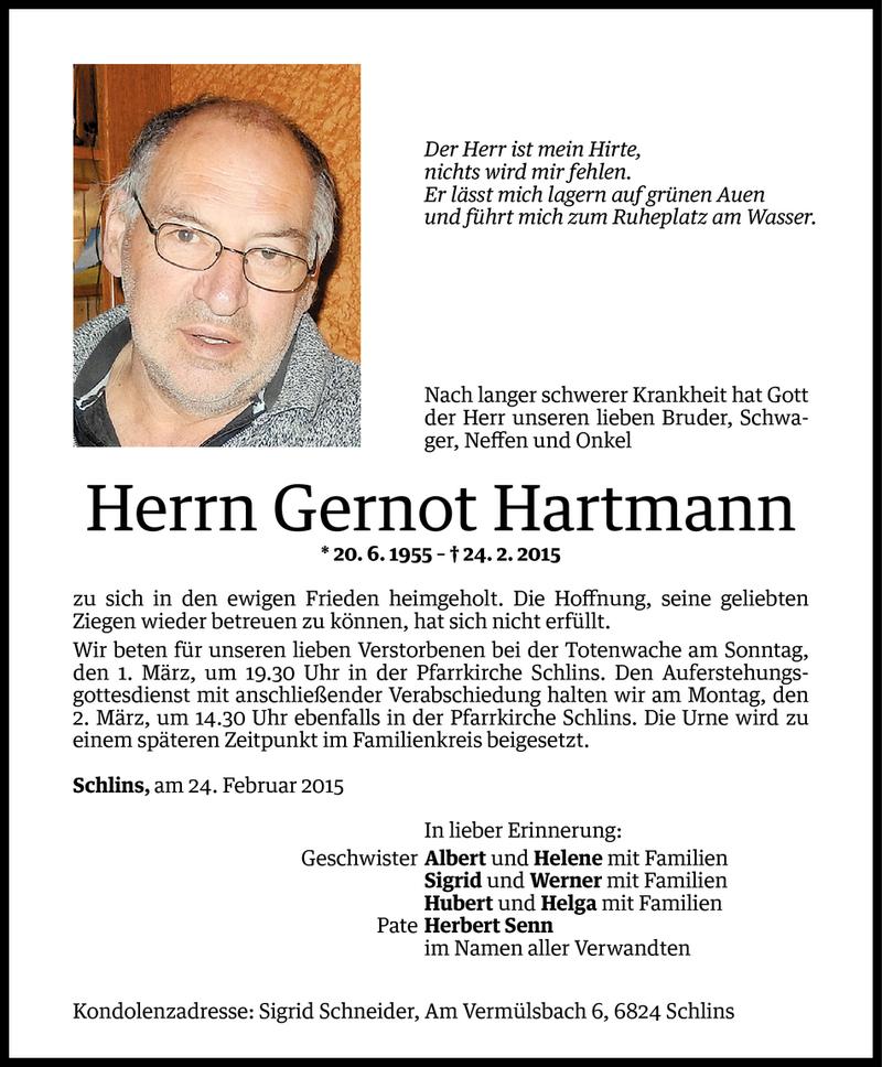  Todesanzeige für Gernot Hartmann vom 27.02.2015 aus Vorarlberger Nachrichten