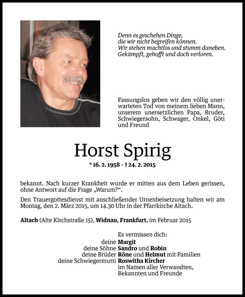  Todesanzeige für Horst Spirig vom 26.02.2015 aus Vorarlberger Nachrichten