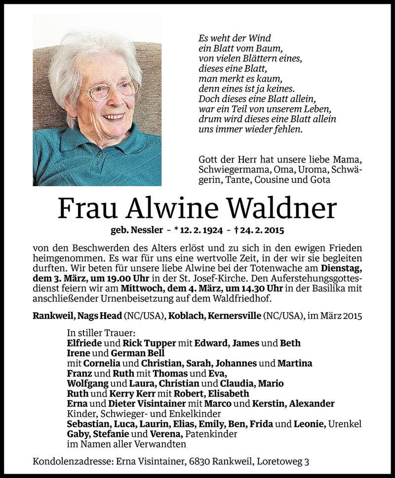  Todesanzeige für Alwine Waldner vom 02.03.2015 aus Vorarlberger Nachrichten