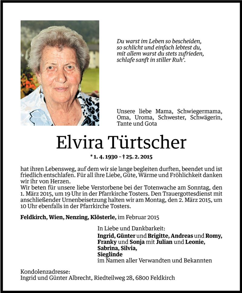  Todesanzeige für Elvira Türtscher vom 27.02.2015 aus Vorarlberger Nachrichten