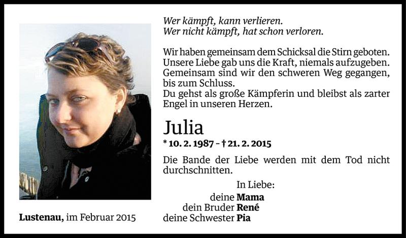  Todesanzeige für Julia Heinz vom 27.02.2015 aus Vorarlberger Nachrichten