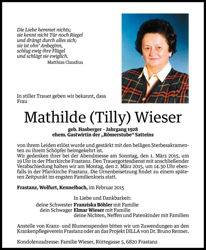  Todesanzeige für Mathilde Wieser vom 27.02.2015 aus Vorarlberger Nachrichten