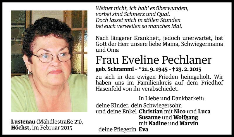  Todesanzeige für Eveline Pechlaner vom 27.02.2015 aus Vorarlberger Nachrichten