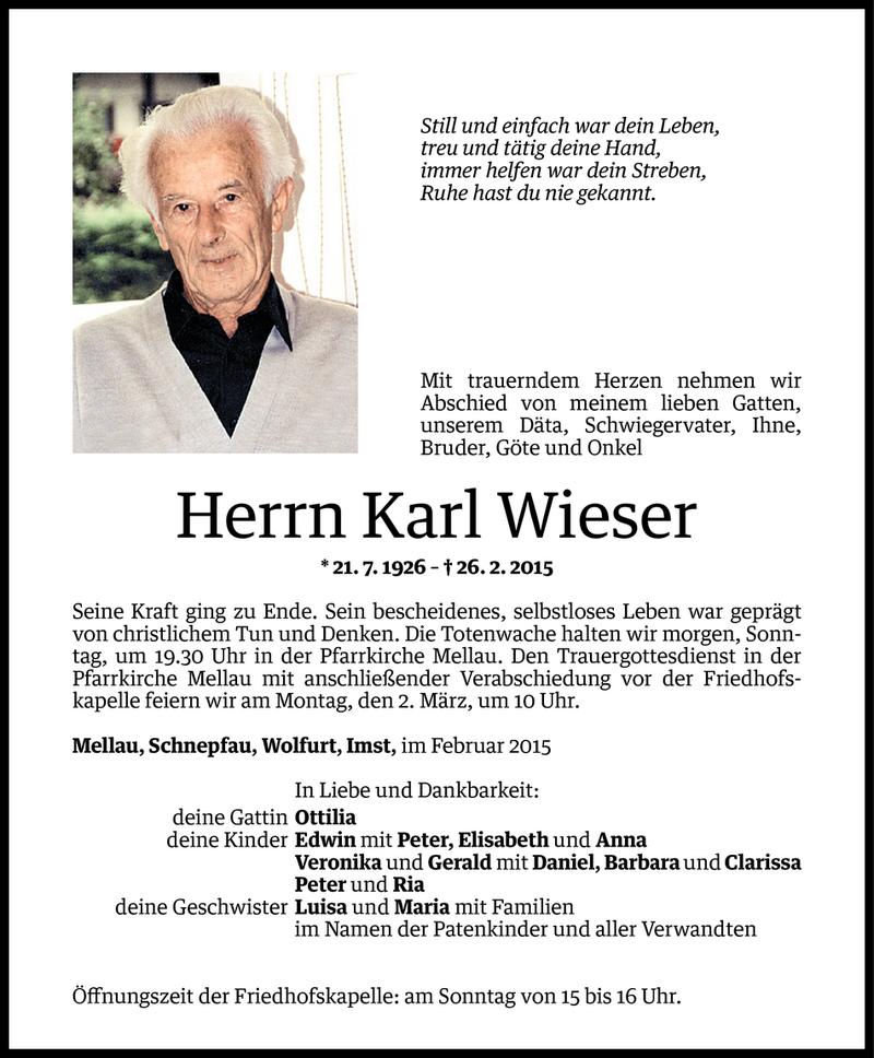  Todesanzeige für Karl Wieser vom 27.02.2015 aus Vorarlberger Nachrichten