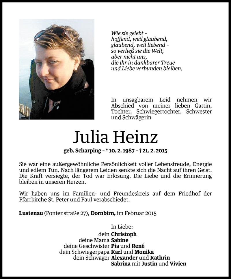  Todesanzeige für Julia Heinz vom 27.02.2015 aus Vorarlberger Nachrichten