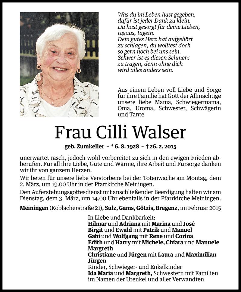  Todesanzeige für Cilli Walser vom 28.02.2015 aus Vorarlberger Nachrichten