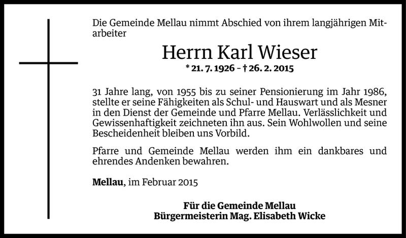  Todesanzeige für Karl Wieser vom 27.02.2015 aus Vorarlberger Nachrichten