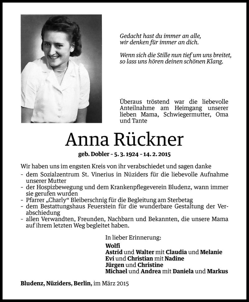  Todesanzeige für Anna Rückner vom 02.03.2015 aus Vorarlberger Nachrichten