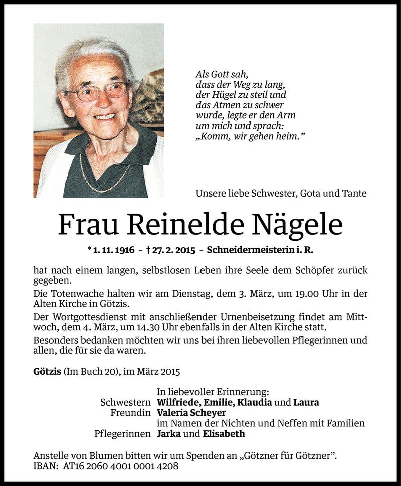  Todesanzeige für Reinelde Nägele vom 02.03.2015 aus Vorarlberger Nachrichten