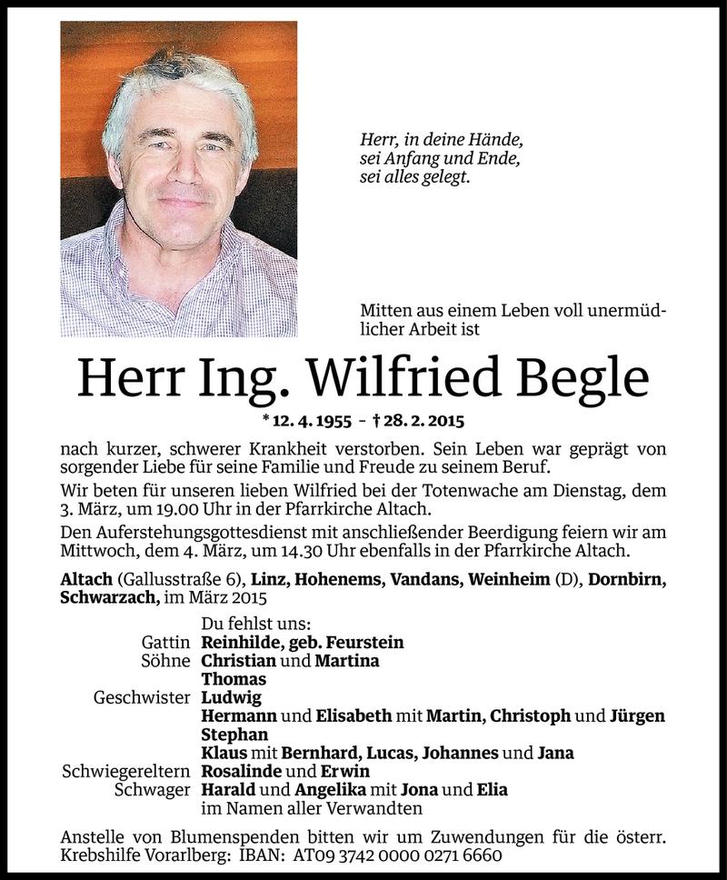  Todesanzeige für Wilfried Begle vom 02.03.2015 aus Vorarlberger Nachrichten