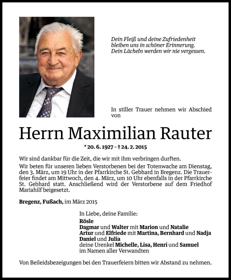  Todesanzeige für Maximilian Rauter vom 01.03.2015 aus Vorarlberger Nachrichten