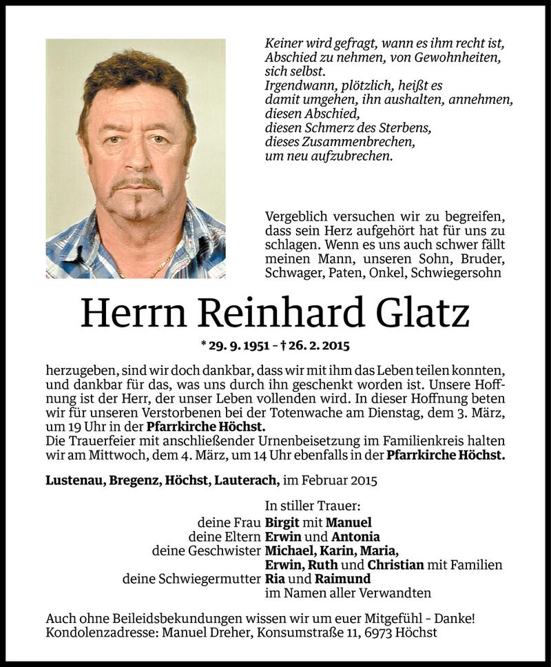  Todesanzeige für Reinhard Glatz vom 01.03.2015 aus Vorarlberger Nachrichten
