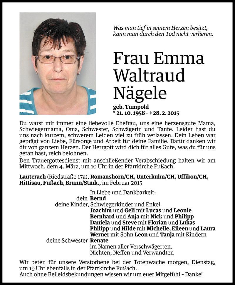  Todesanzeige für Emma Waltraud Nägele vom 01.03.2015 aus Vorarlberger Nachrichten