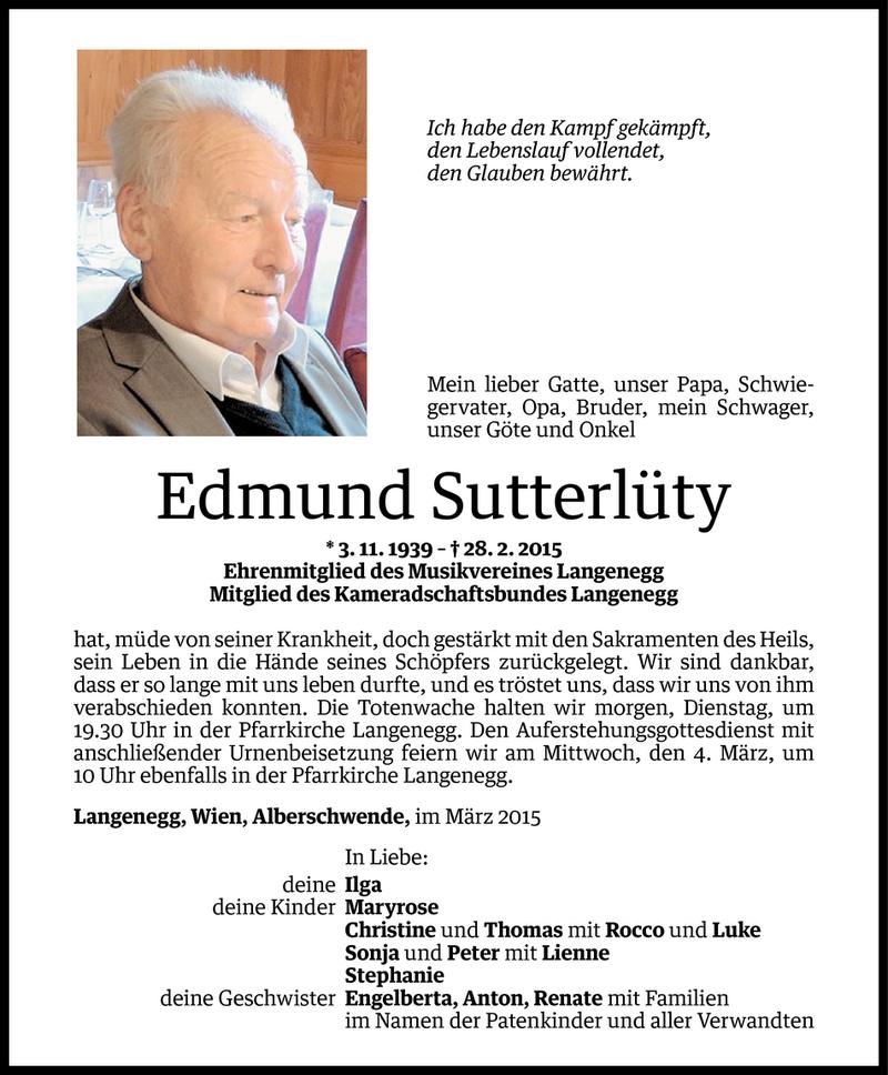  Todesanzeige für Edmund Sutterlüty vom 01.03.2015 aus Vorarlberger Nachrichten