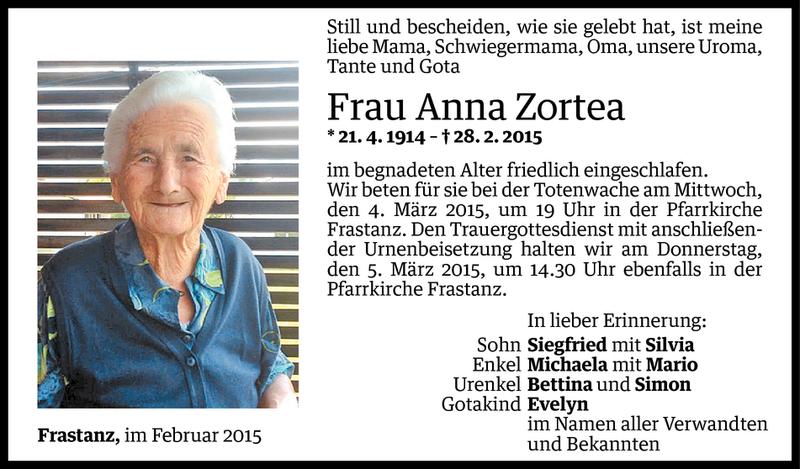  Todesanzeige für Anna Zortea vom 02.03.2015 aus Vorarlberger Nachrichten
