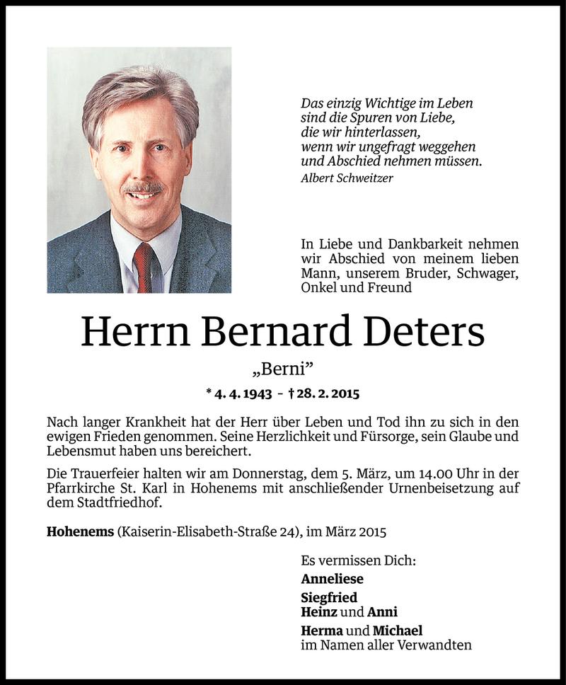  Todesanzeige für Bernard Deters vom 03.03.2015 aus Vorarlberger Nachrichten