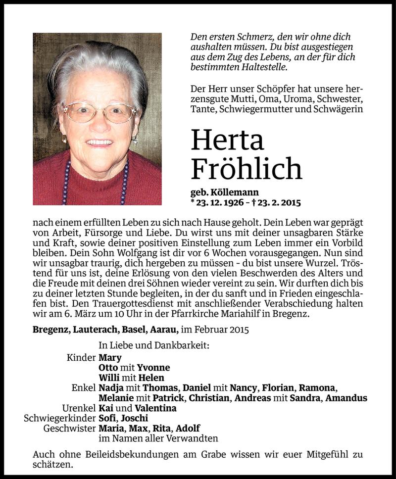  Todesanzeige für Herta Fröhlich vom 02.03.2015 aus Vorarlberger Nachrichten