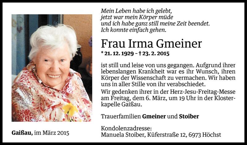  Todesanzeige für Irma Gmeiner vom 03.03.2015 aus Vorarlberger Nachrichten