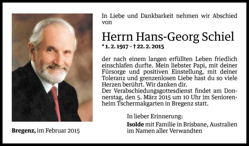  Todesanzeige für Hans-Georg Schiel vom 02.03.2015 aus Vorarlberger Nachrichten