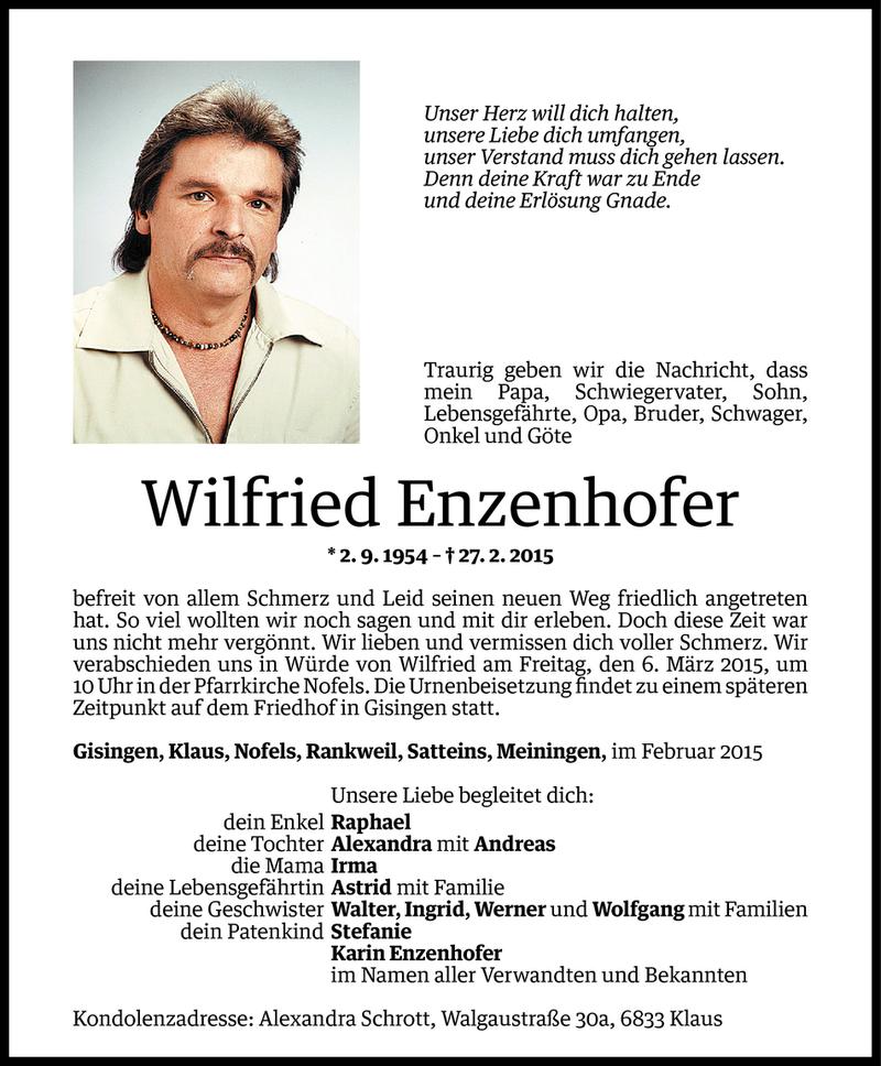  Todesanzeige für Wilfried Enzenhofer vom 03.03.2015 aus Vorarlberger Nachrichten