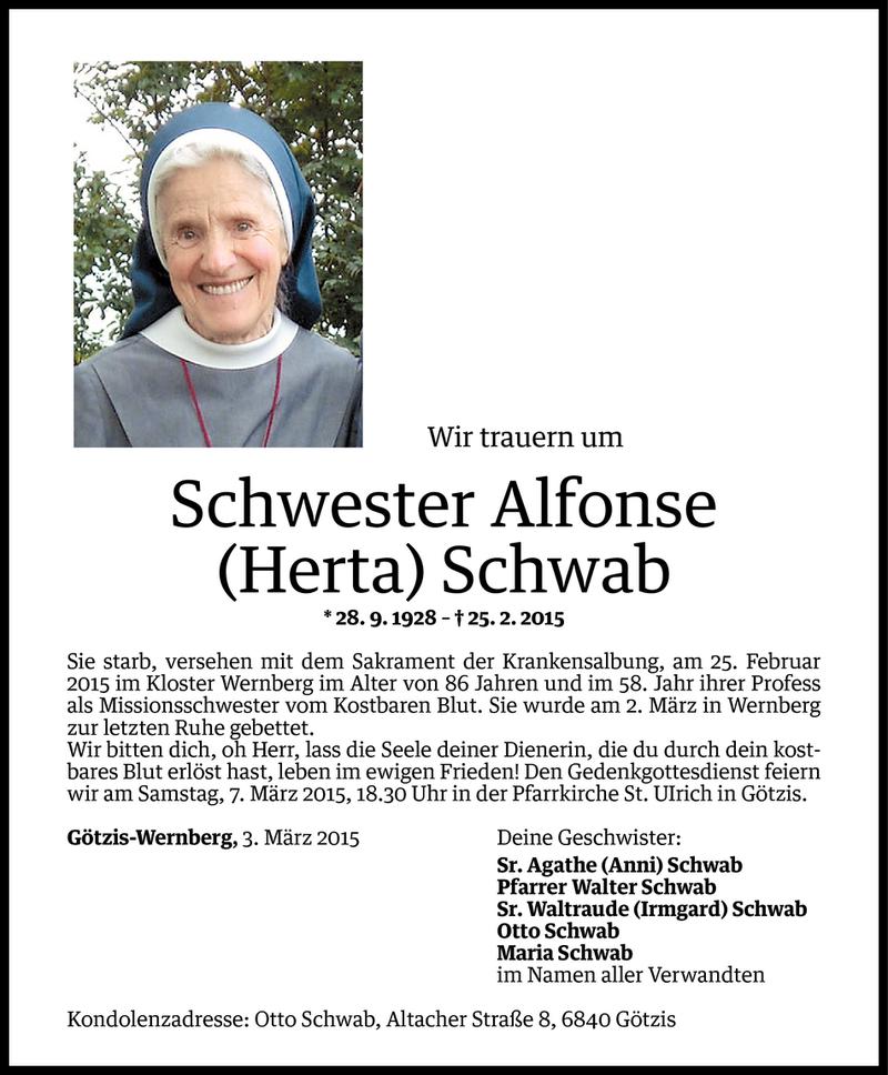  Todesanzeige für Alfonse Schwab vom 03.03.2015 aus Vorarlberger Nachrichten