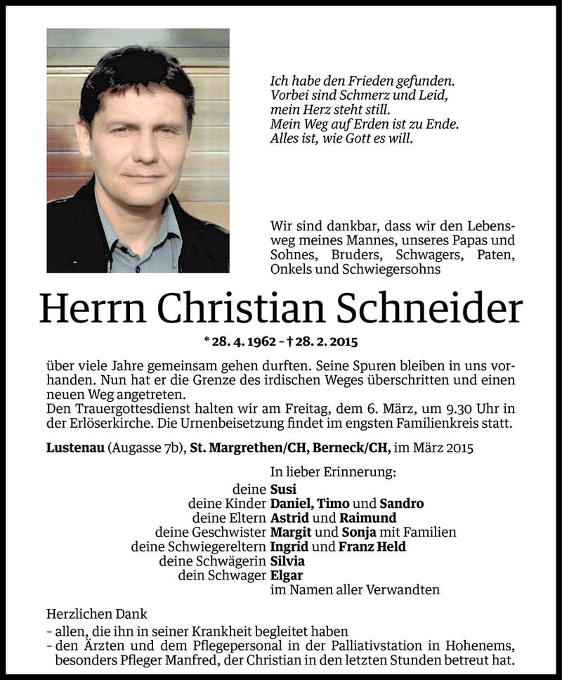 Todesanzeige für Christian Schneider vom 03.03.2015 aus Vorarlberger Nachrichten