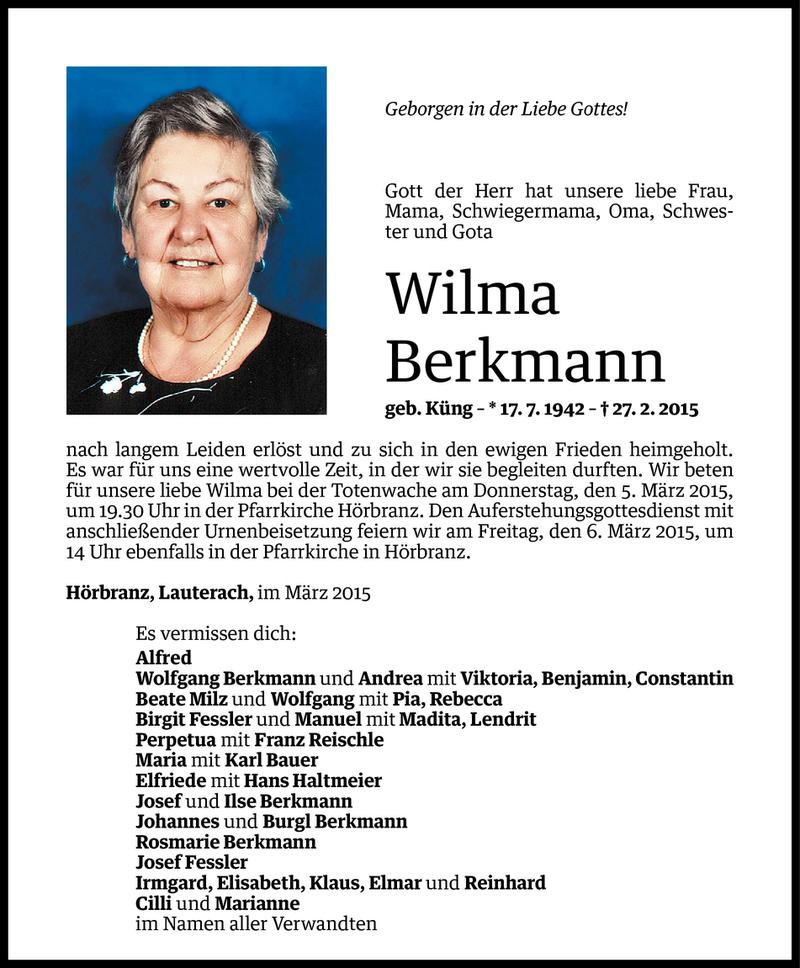  Todesanzeige für Wilma Berkmann vom 03.03.2015 aus Vorarlberger Nachrichten