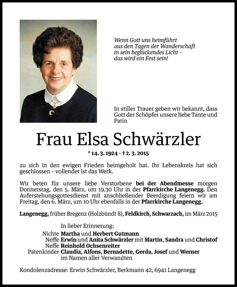  Todesanzeige für Elsa Schwärzler vom 03.03.2015 aus Vorarlberger Nachrichten