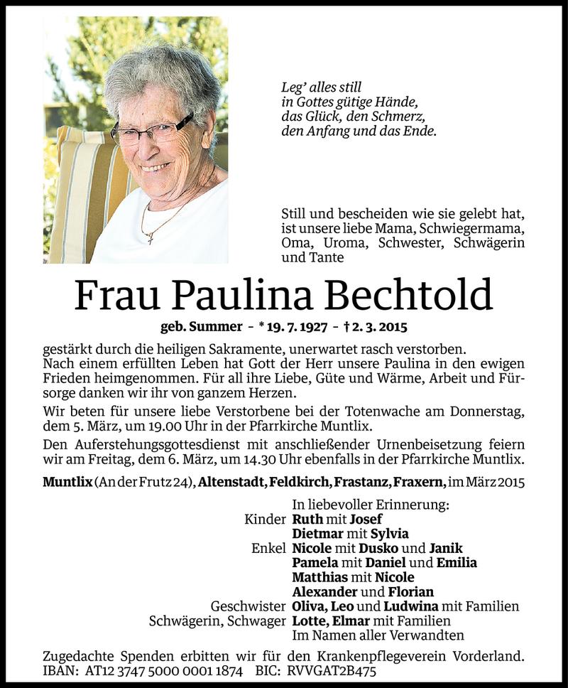  Todesanzeige für Paulina Bechtold vom 04.03.2015 aus Vorarlberger Nachrichten