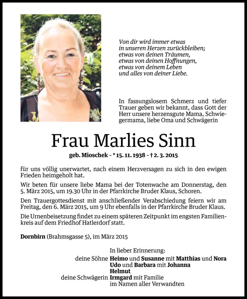  Todesanzeige für Marlies Sinn vom 03.03.2015 aus Vorarlberger Nachrichten