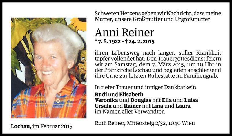  Todesanzeige für Anni Reiner vom 03.03.2015 aus Vorarlberger Nachrichten