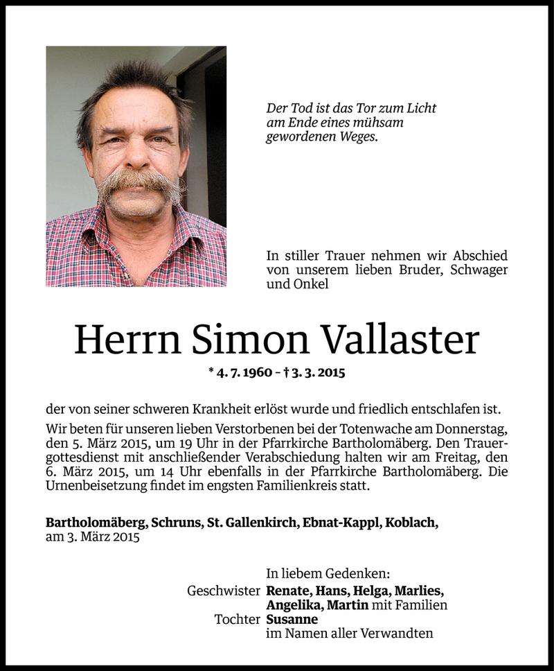  Todesanzeige für Simon Vallaster vom 04.03.2015 aus Vorarlberger Nachrichten