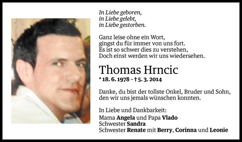  Todesanzeige für Thomas Hrncic vom 04.03.2015 aus Vorarlberger Nachrichten