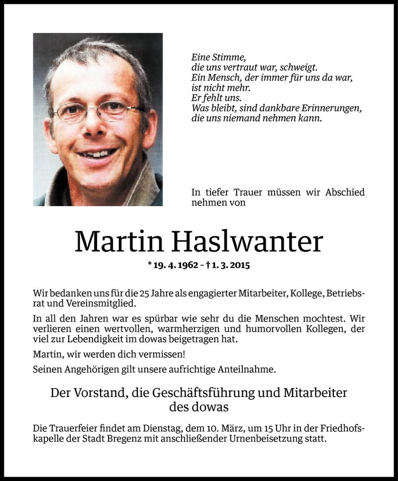  Todesanzeige für Martin Haslwanter vom 04.03.2015 aus Vorarlberger Nachrichten