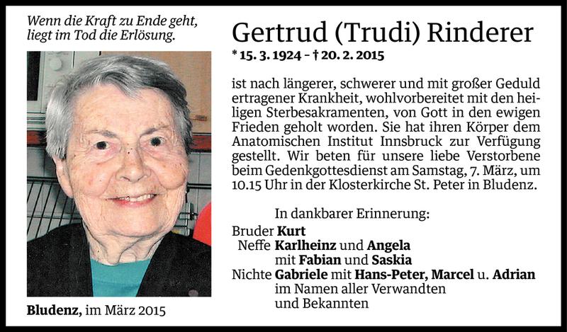  Todesanzeige für Gertrud Rinderer vom 04.03.2015 aus Vorarlberger Nachrichten