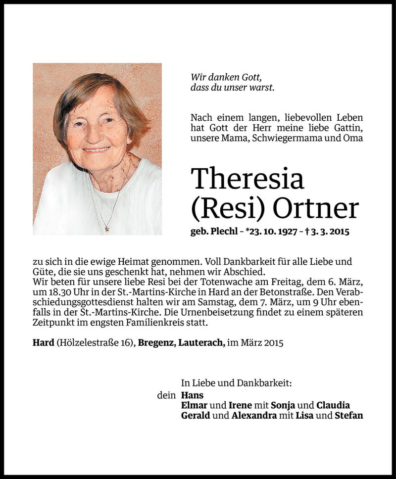  Todesanzeige für Theresia Ortner vom 04.03.2015 aus Vorarlberger Nachrichten