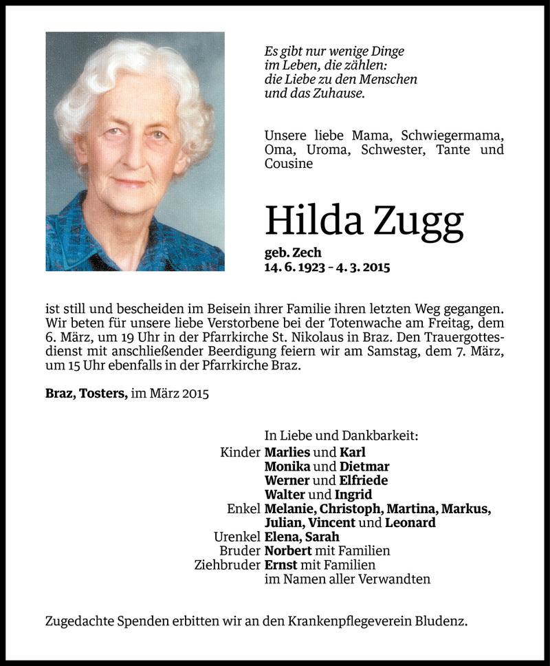  Todesanzeige für Hilda Zugg vom 05.03.2015 aus Vorarlberger Nachrichten