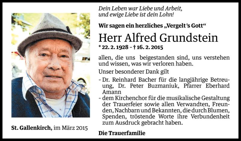  Todesanzeige für Alfred Grundstein vom 05.03.2015 aus Vorarlberger Nachrichten