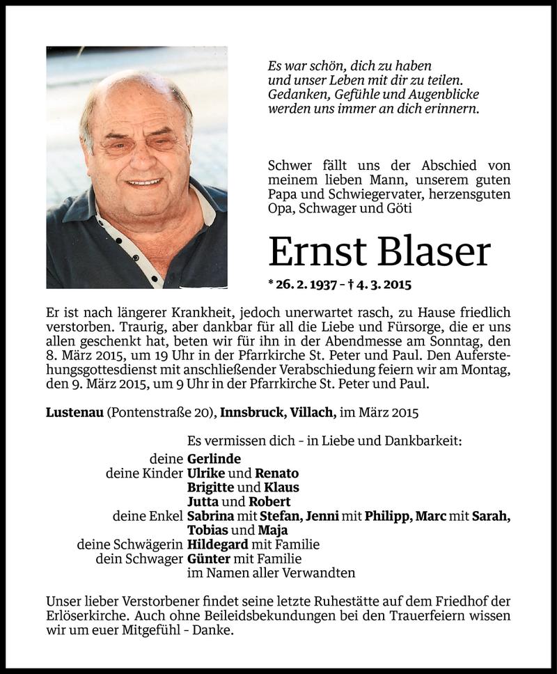  Todesanzeige für Ernst Blaser vom 05.03.2015 aus Vorarlberger Nachrichten