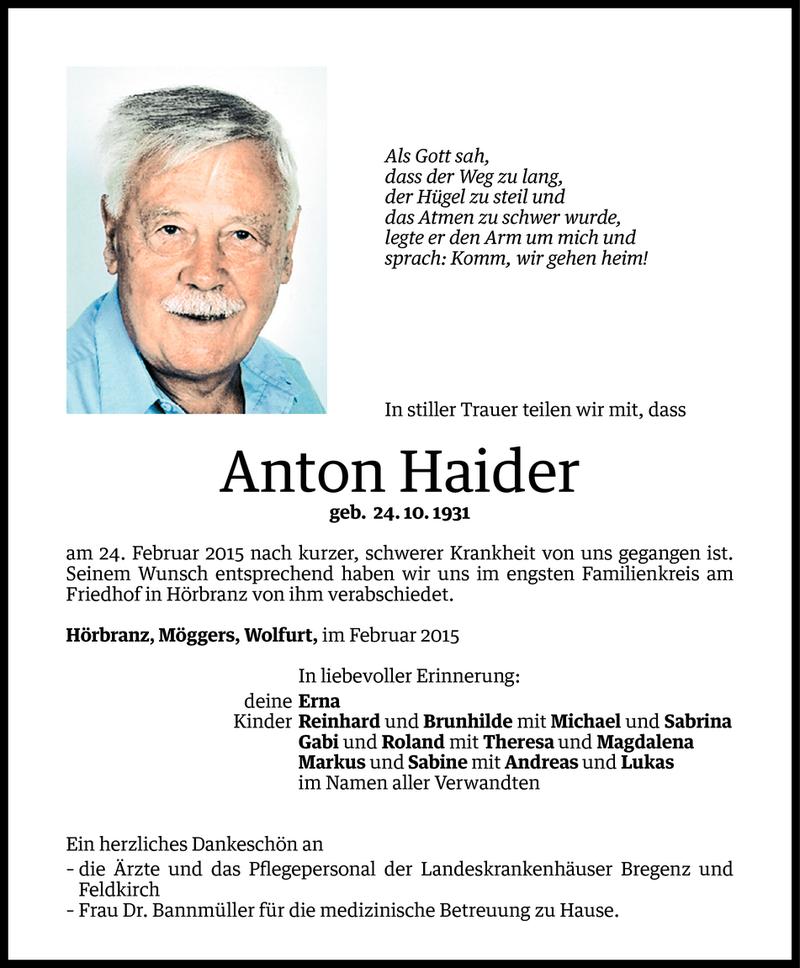  Todesanzeige für Anton Haider vom 09.03.2015 aus Vorarlberger Nachrichten