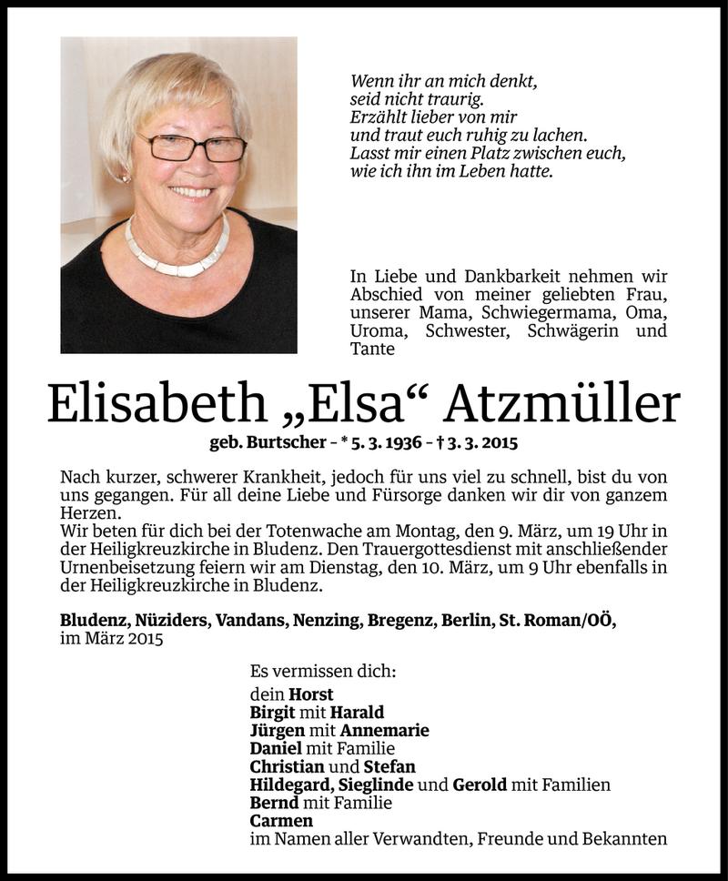  Todesanzeige für Elisabeth Atzmüller vom 06.03.2015 aus Vorarlberger Nachrichten