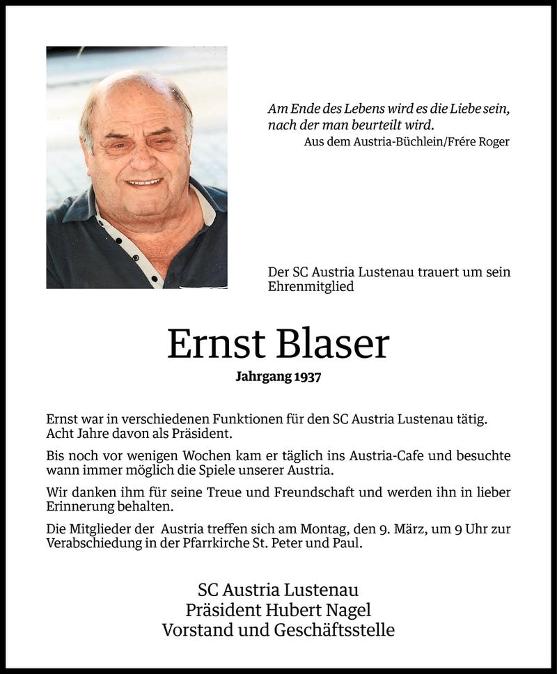  Todesanzeige für Ernst Blaser vom 06.03.2015 aus Vorarlberger Nachrichten