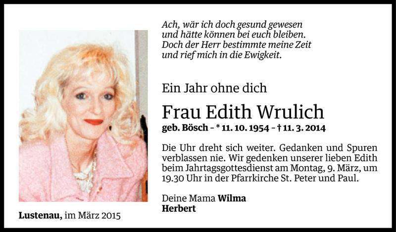  Todesanzeige für Edith Wrulich vom 06.03.2015 aus Vorarlberger Nachrichten