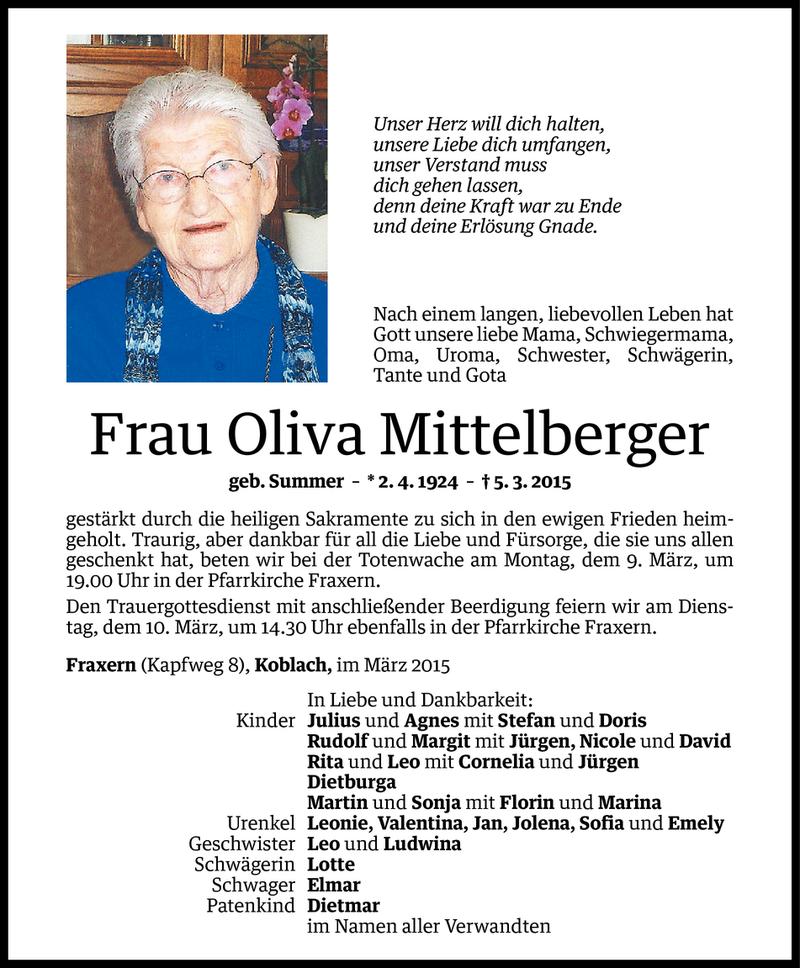  Todesanzeige für Oliva Mittelberger vom 07.03.2015 aus Vorarlberger Nachrichten