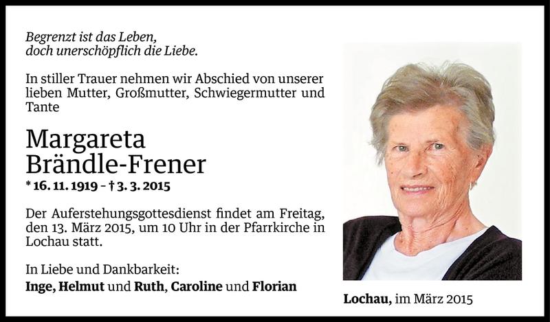  Todesanzeige für Margareta Brändle-Frener vom 10.03.2015 aus Vorarlberger Nachrichten