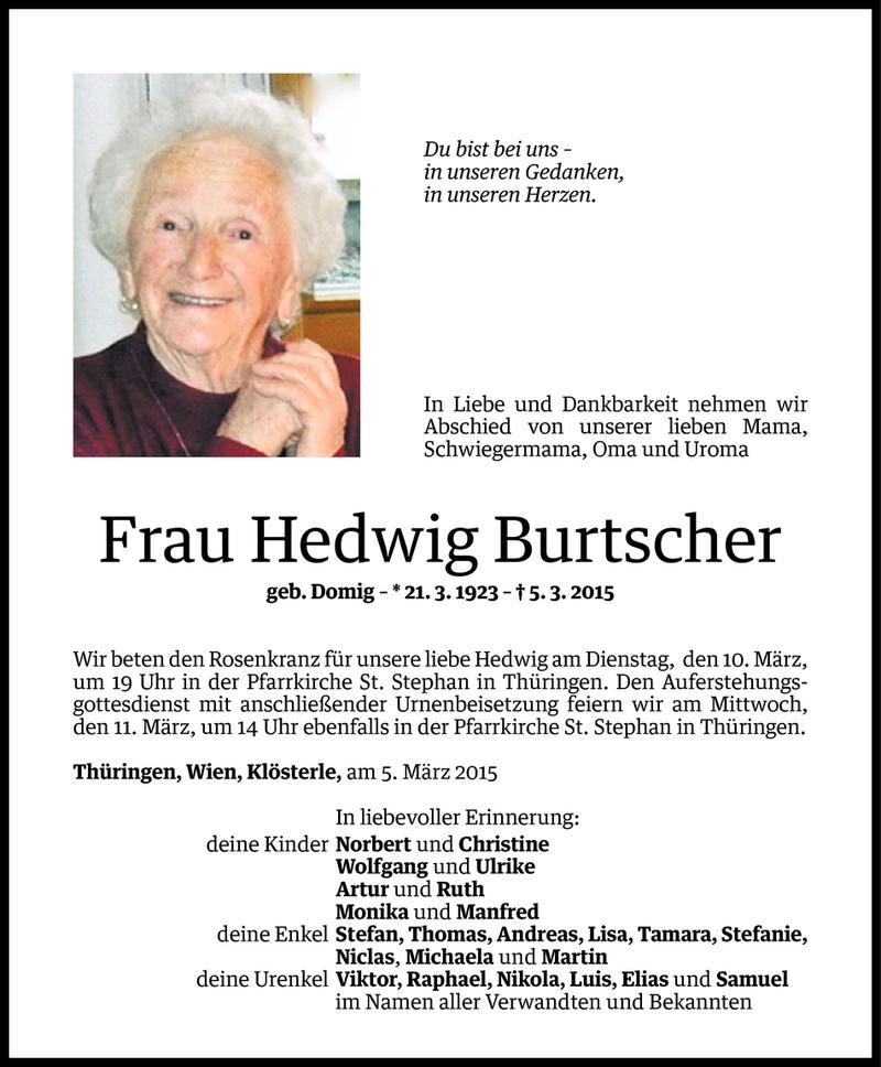  Todesanzeige für Hedwig Burtscher vom 08.03.2015 aus Vorarlberger Nachrichten