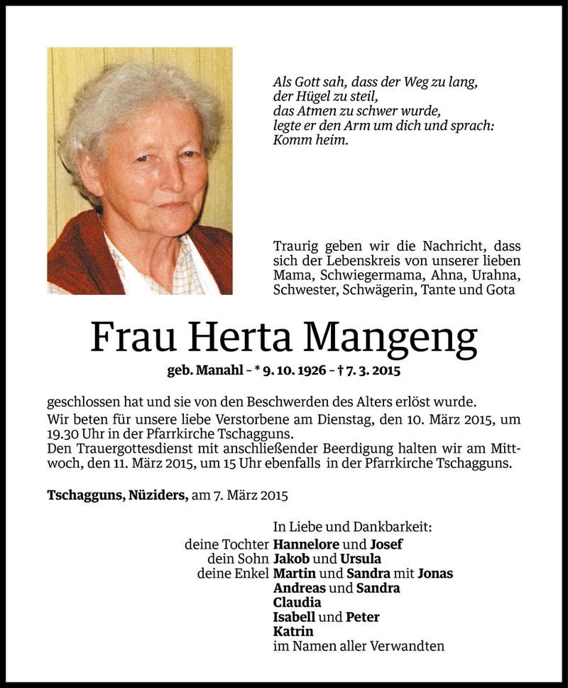  Todesanzeige für Herta Mangeng vom 08.03.2015 aus Vorarlberger Nachrichten