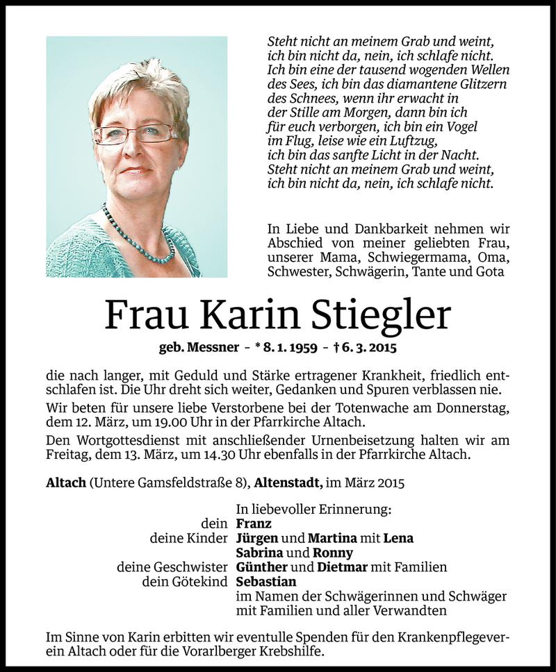  Todesanzeige für Karin Stiegler vom 10.03.2015 aus Vorarlberger Nachrichten